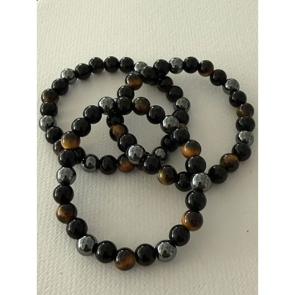 Set of 3 Tiger’s Eye Pattern and Hematite Finish Stretch Bracelets